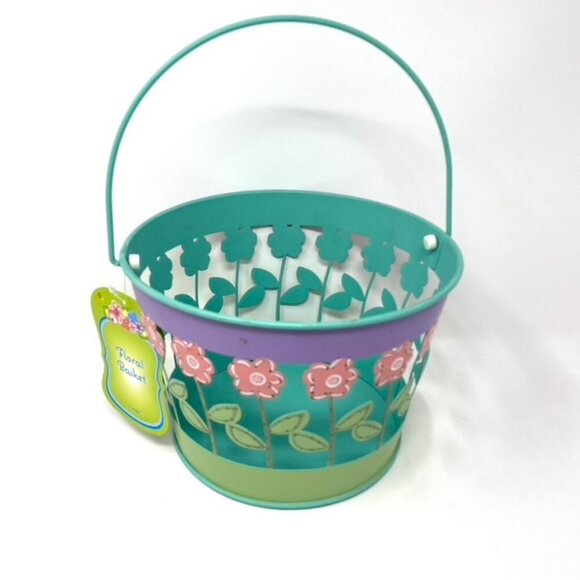 Target Metal Easter Basket Pail Pink Glitter Flowers - Picture 1 of 7